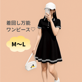 ゴルフ 黒 襟付き 半袖 ワンピース Aライン スポーツ M(ミニワンピース)