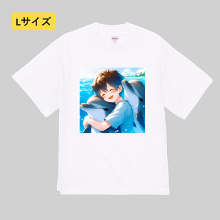 n651【新品未使用】プリント Tシャツ イルカ 少年 メンズ Lサイズ(Tシャツ/カットソー(半袖/袖なし))