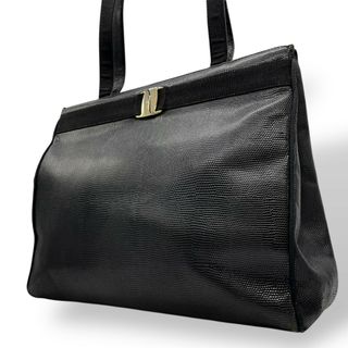 サルヴァトーレフェラガモ(Salvatore Ferragamo)のSalvatore Ferragamo フェラガモ ヴァラリボン トートバッグ ワンショルダー レザー トカゲ型押し 黒 ブラック ゴールド金具 肩掛け可 サルヴァトーレフェラガモ レディース D(トートバッグ)