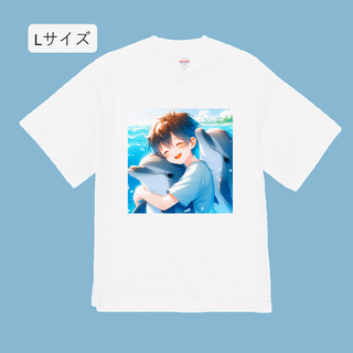 n652【新品未使用】プリント Tシャツ イルカ 少年 レディース Lサイズ(Tシャツ(半袖/袖なし))