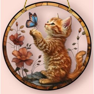 新品 サンキャッチャート茶トラ猫 ステンドグラス風 子猫 猫柄 猫グッズ 蝶々