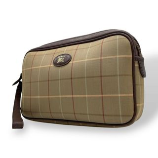 バーバリー(BURBERRY)の美品 Burberry バーバリー クラッチバッグ セカンドバッグ ポーチ カーキ ブラウン キャンバス レザー チェック ホースロゴ メンズ レディース ヴィンテージ S97(クラッチバッグ)