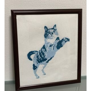 三毛猫　ハンドメイド　クロスステッチ完成品　ブルー　猫　刺繍　インテリア
