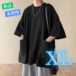 メンズ 五分袖 ポケット付き シンプル Tシャツ ブラック