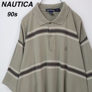 【90s】ノーティカ ポロシャツ 刺繍ロゴ ボーダー ベージュ L ビンテージ