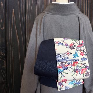*着物反物*　紅型松竹梅と藍色草花　大人の兵児帯　半幅帯　長尺　ハンドメイド(帯)