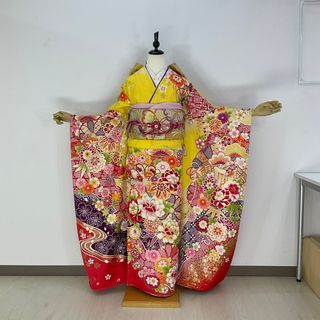 正絹お振袖10点フルセット　レモンイエロー　新品未仕立て品　お仕立て付き(振袖)