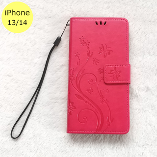 蝶 手帳型 iPhone13/14 iPhoneケース ローズレッド(iPhoneケース)