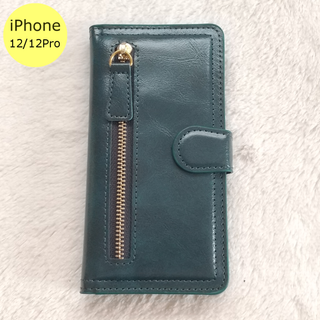 左ジッパー 手帳型 iPhone12/12Proケース グリーン(iPhoneケース)