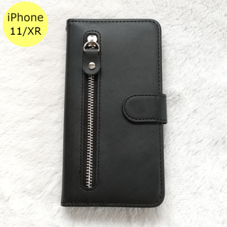 ジッパー付き手帳型 iPhone11/XRケース ブラック T4(iPhoneケース)