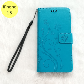 蝶 手帳型 iPhone15 iPhoneケース 水色(iPhoneケース)