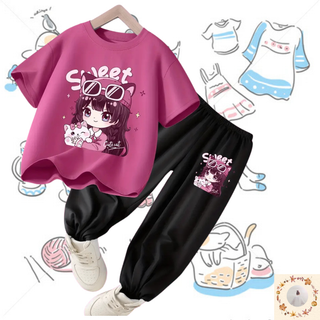 女の子　子供用ローズピンク半袖Tシャツと黒の防蚊パンツ 　セット　 (その他)
