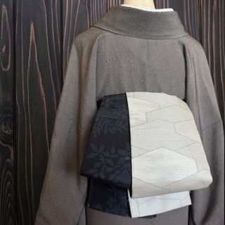 *着物反物*　寄せ柄灰色絣と結城紬　大人の兵児帯　半幅帯　長尺　ハンドメイド(帯)