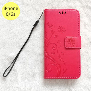 かわいい 蝶 手帳型 iPhone6/6s iPhoneケース ローズレッド(iPhoneケース)