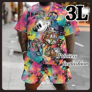 【3L】カラフル ミッキーマウス 半袖Tシャツ&短パン 上下セット 大きいサイズ
