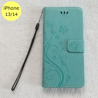 蝶 手帳型 iPhone13/14 iPhoneケース グリーン(iPhoneケース)