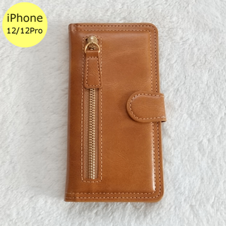 左ジッパー 手帳型 iPhone12/12Proケース ブラウン