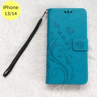 蝶 手帳型 iPhone13/14 iPhoneケース 水色(iPhoneケース)