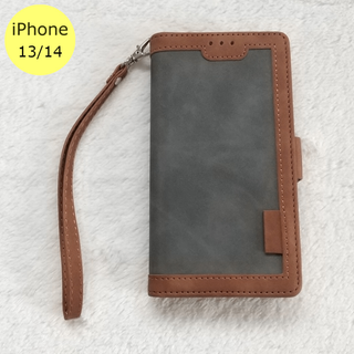 レトロ 手帳型 iPhone13/14ケース グレー(iPhoneケース)