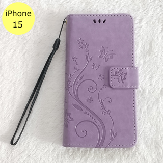 蝶 手帳型 iPhone15 iPhoneケース パープル(iPhoneケース)