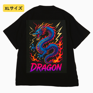 n841【新品未使用】両面プリント Tシャツ 龍 ネオンカラー グラフィティ風