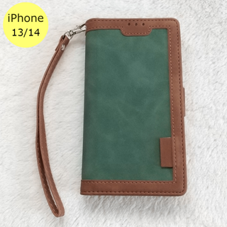 レトロ 手帳型 iPhone13/14ケース グリーン(iPhoneケース)