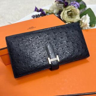 HERMES - 極美品★HERMES★オーストリッチ★ベアンスフレ★ゴールド金具★長財布