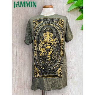 ガネーシャ神Tシャツ　エスニック　アジアン　ヒッピー　個性派　サイケ　カーキ