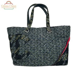 シャネル(CHANEL)のCHANEL シャネル カンボンライン トートバッグ ラージ ツイード ネイビー 9番台（2004~2005） シルバー金具 G付き レディース 中古 肩掛け(トートバッグ)