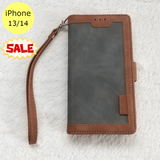 セール中♪ レトロ 手帳型 iPhone13/14ケース グレー(iPhoneケース)