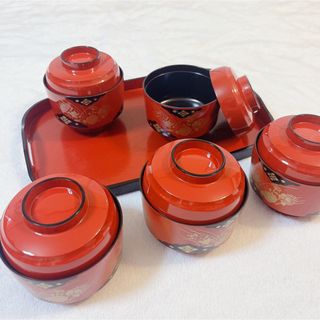 新品未使用 蓋付汁椀5セット お盆 漆器 客用 おもてなし 和食懐石 伝統工芸品