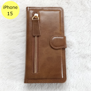 左ジッパー 手帳型 iPhone15ケース ダークブラウン(iPhoneケース)