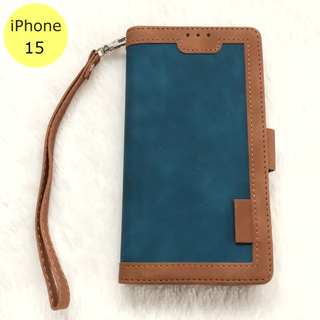 レトロ 手帳型 iPhone15ケース ブルー(iPhoneケース)