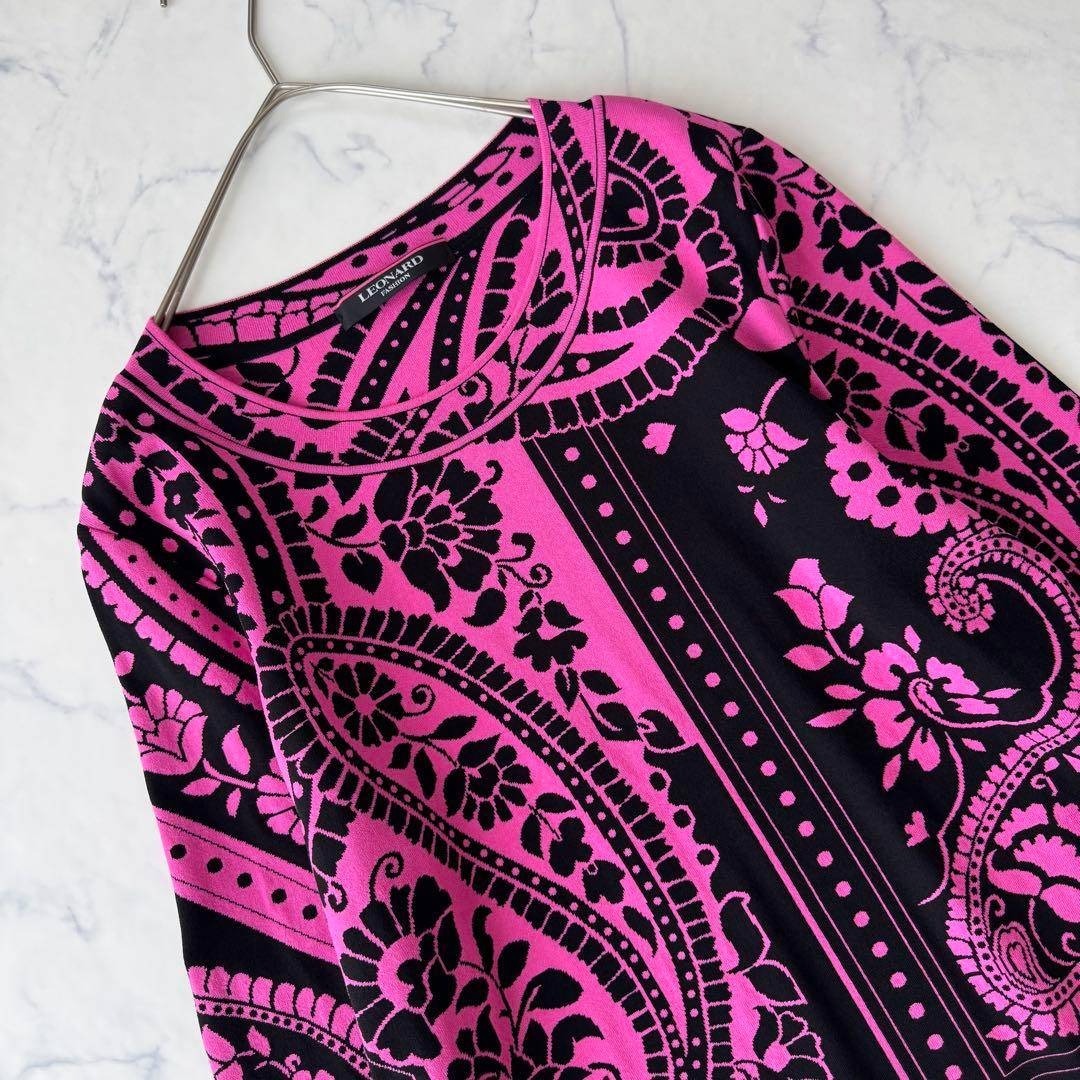 極美品 レオナール ニット トリム 大きいサイズ 総柄 ストレッチ 花柄 44