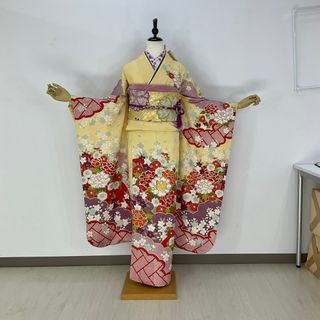 お振袖フルセット　7点セット　クリーム　古典　トールサイズ　正絹　美品　成人式(振袖)