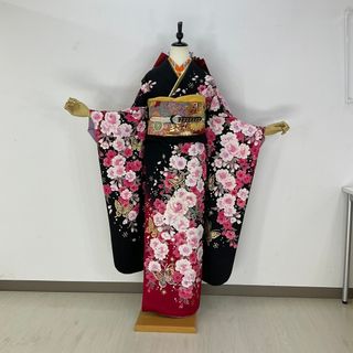 お振袖フルセット　7点セット　黒　L～LLサイズ　正絹　美品　成人式(振袖)