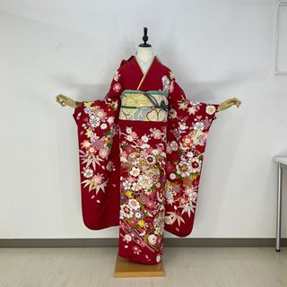 お振袖フルセット　7点セット　朱赤　正絹　美品　成人式(振袖)
