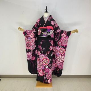 お振袖フルセット　7点セット　黒　ラインストーン　正絹　美品　成人式(振袖)