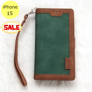 セール中♪ レトロ 手帳型 iPhone15ケース グリーン