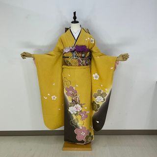 お振袖フルセット　7点セット　黄　桜柄シンプルトーン　　正絹　美品　成人式(振袖)