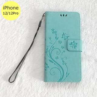 蝶 手帳型 iPhone12/12Pro iPhoneケース グリーン(iPhoneケース)
