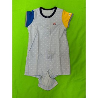 ミキハウス(mikihouse)の水色のドット柄ロンパース、半袖、ボタン留め、股下スナップ付き。(ロンパース)