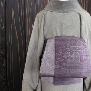 *着物反物*　縞草花柄紫と西陣灰紫　大人の兵児帯  半幅帯　長尺　ハンドメイド(帯)
