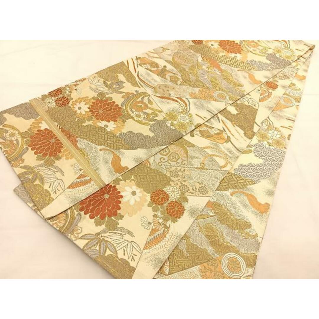 平和屋着物◎アンティーク 大正ロマン 丸帯 唐織 扇面花文 金銀糸 引抜き帯 正絹 逸品 BAAU4861hv レディースの水着/浴衣(帯)の商品写真