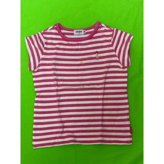 ピンクと白のストライプデザイン、サイズ80のTシャツ。キャラクター刺繍付き。