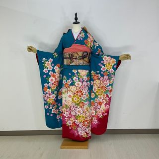お振袖フルセット　7点セット　青×赤　正絹　美品　成人式(振袖)