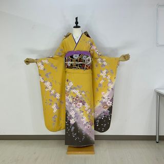 お振袖フルセット　7点セット　黄　桜小花　正絹　美品　成人式(振袖)