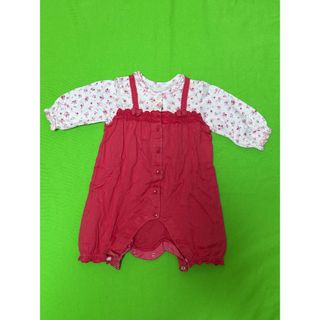 ミキハウス(mikihouse)のフラワープリントの長袖と赤いボトムスのロンパース(カバーオール)