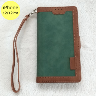 レトロ 手帳型 iPhone12/12Proケース グリーン(iPhoneケース)