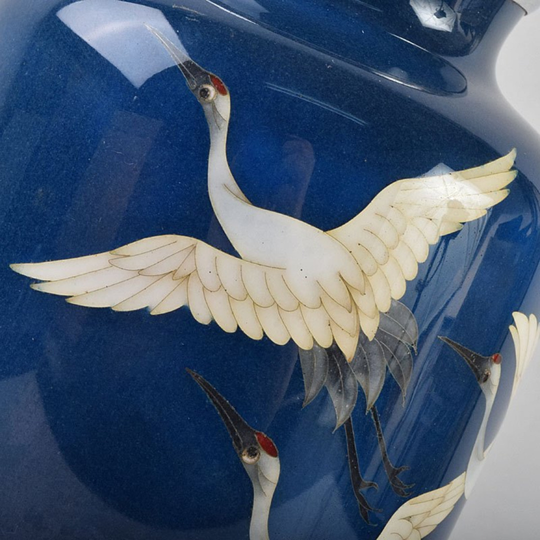 七宝焼 粂野締太郎造 鶴文 花瓶 共箱 M R9266 美術品/アンティーク